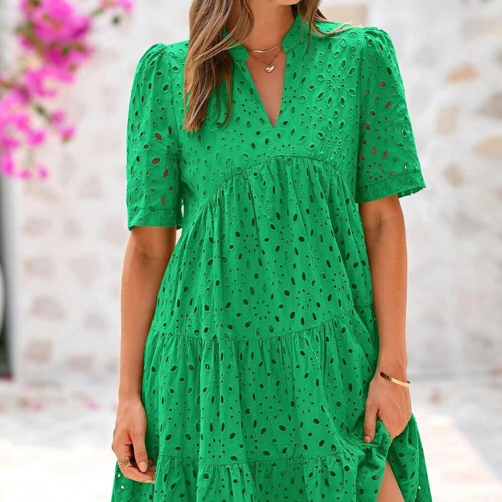 Green Boho Embroidered Eyelet V-Neck Sleeve Lace Tiered Women's Mini Dress